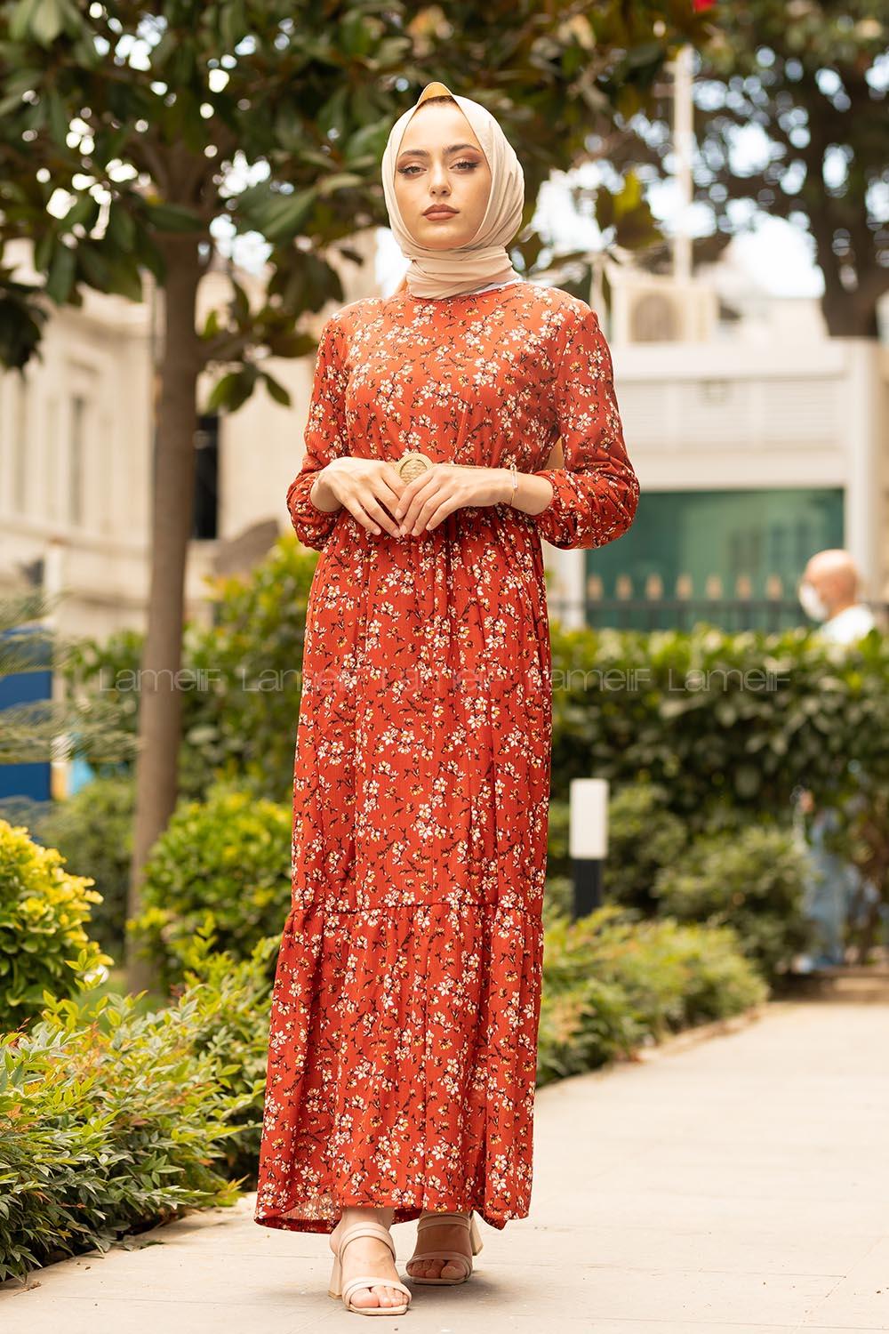 Modalamelif Çiçek Desen Hasır Kemerli Elbise Kiremit