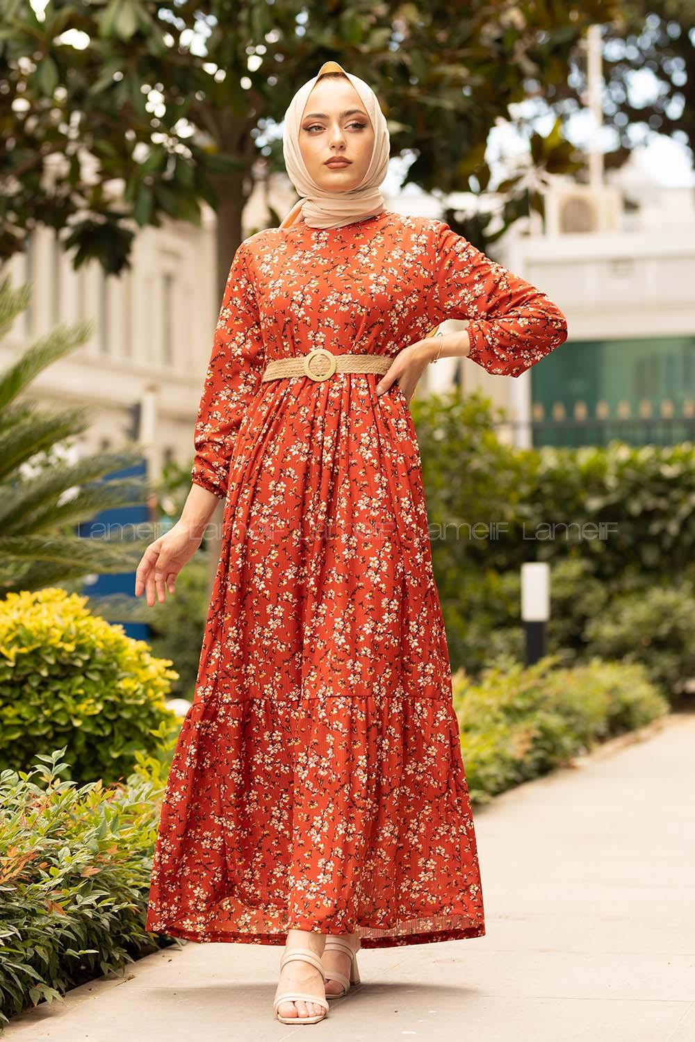 Modalamelif Çiçek Desen Hasır Kemerli Elbise Kiremit