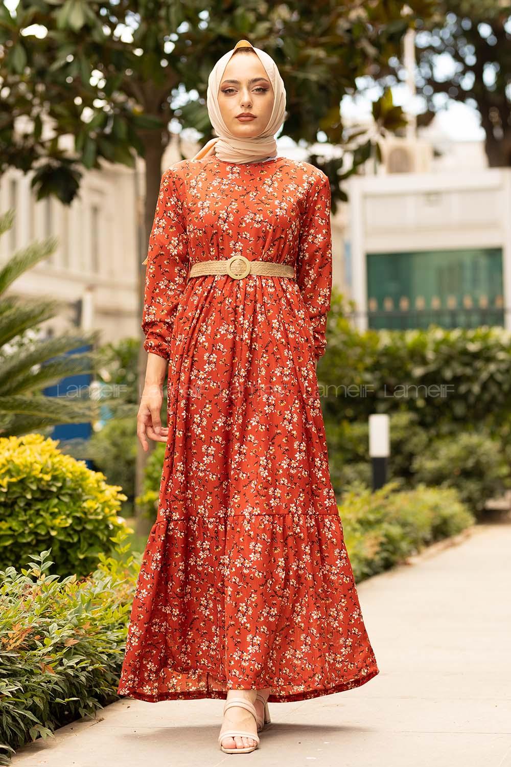Modalamelif Çiçek Desen Hasır Kemerli Elbise Kiremit