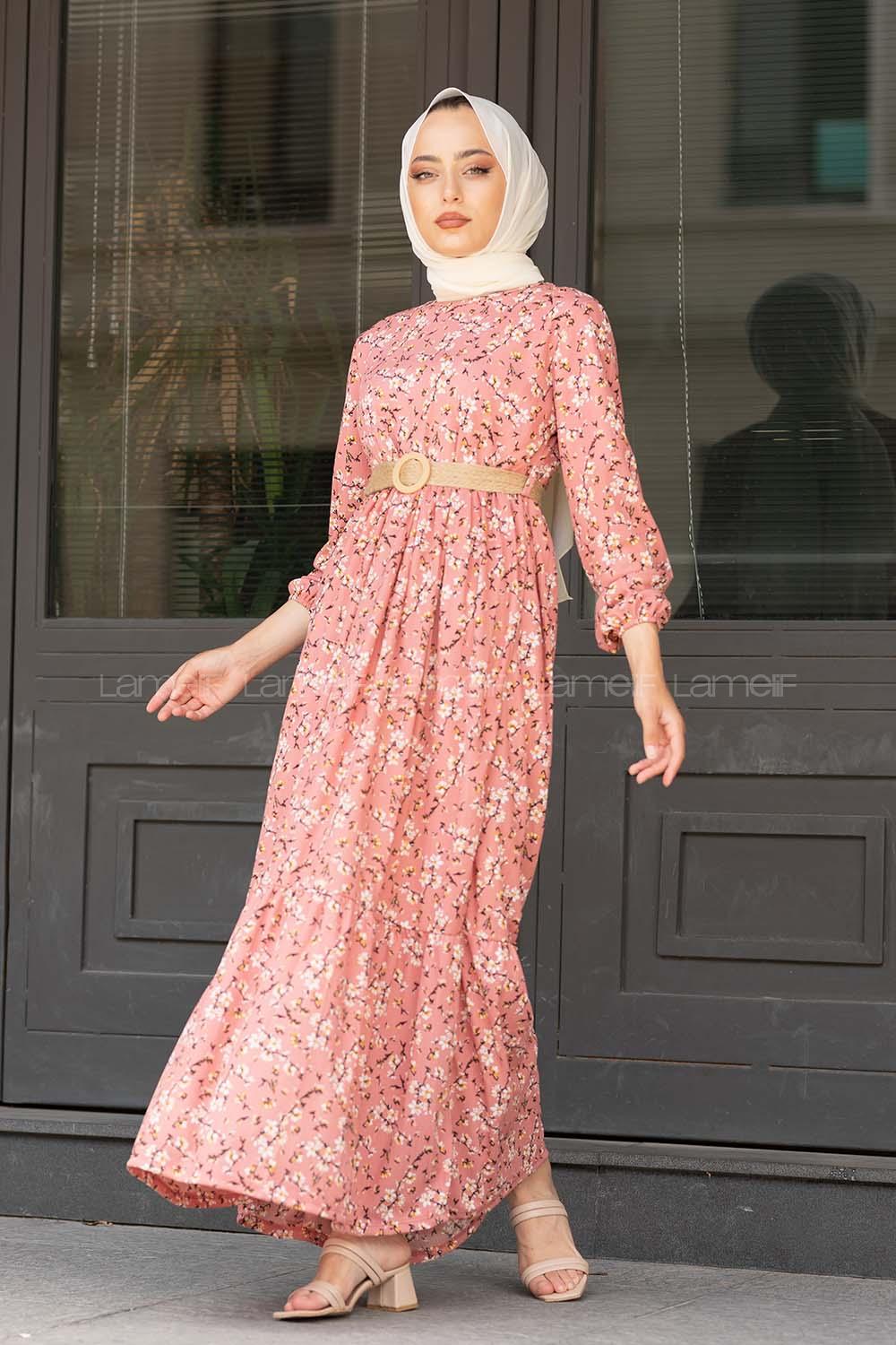 Modalamelif Çiçek Desen Hasır Kemerli Elbise Pudra