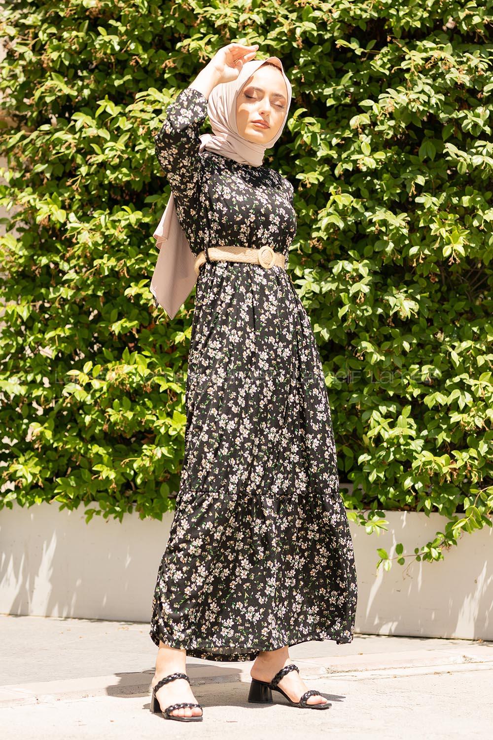 Modalamelif Çiçek Desen Hasır Kemerli Elbise Siyah Yeşil