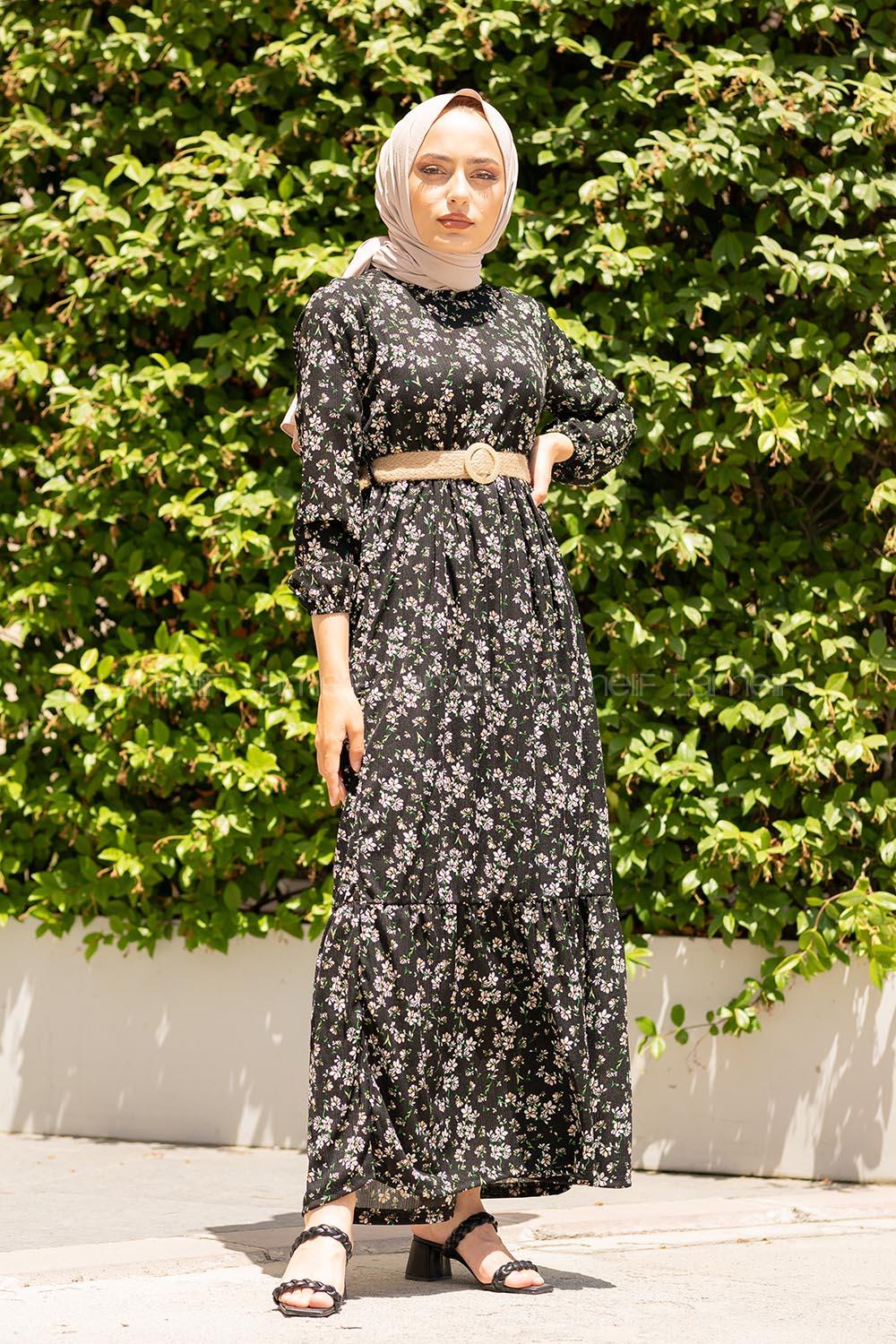 Modalamelif Çiçek Desen Hasır Kemerli Elbise Siyah Yeşil
