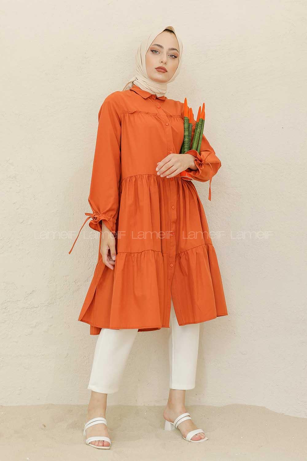 Modalamelif Kol Bağlamalı Fırfırlı Uzun Tunik Kiremit