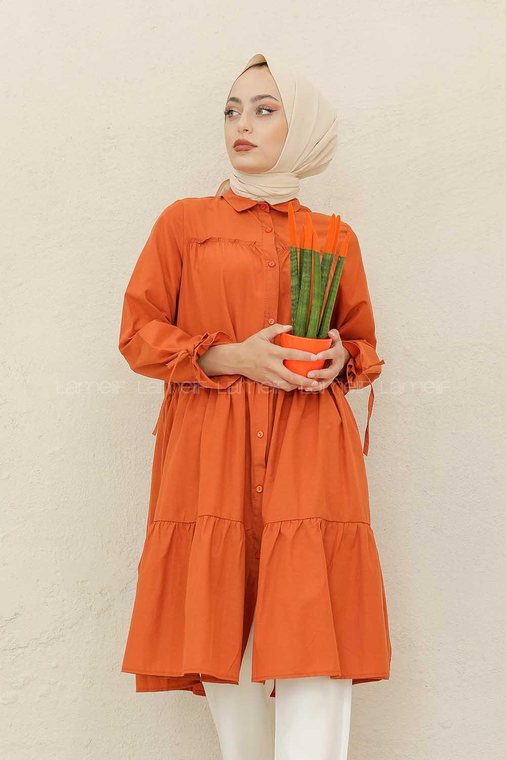 Modalamelif Kol Bağlamalı Fırfırlı Uzun Tunik Kiremit