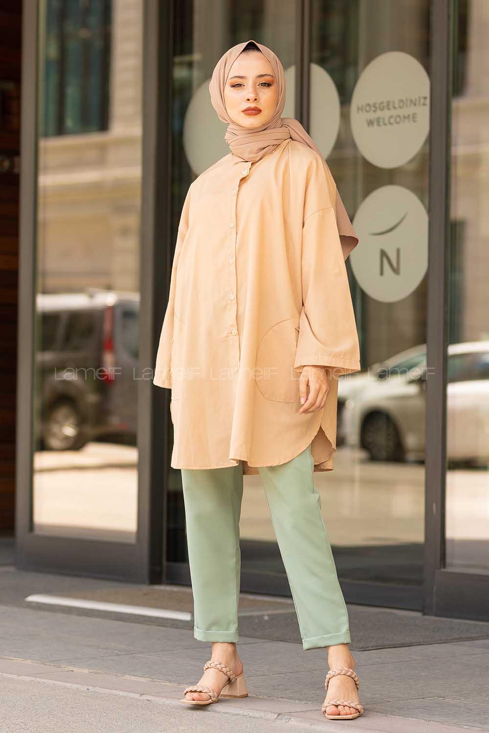 Modalamelif Önü Düğmeli Yan Cepli Gömlek Sütlü Kahve