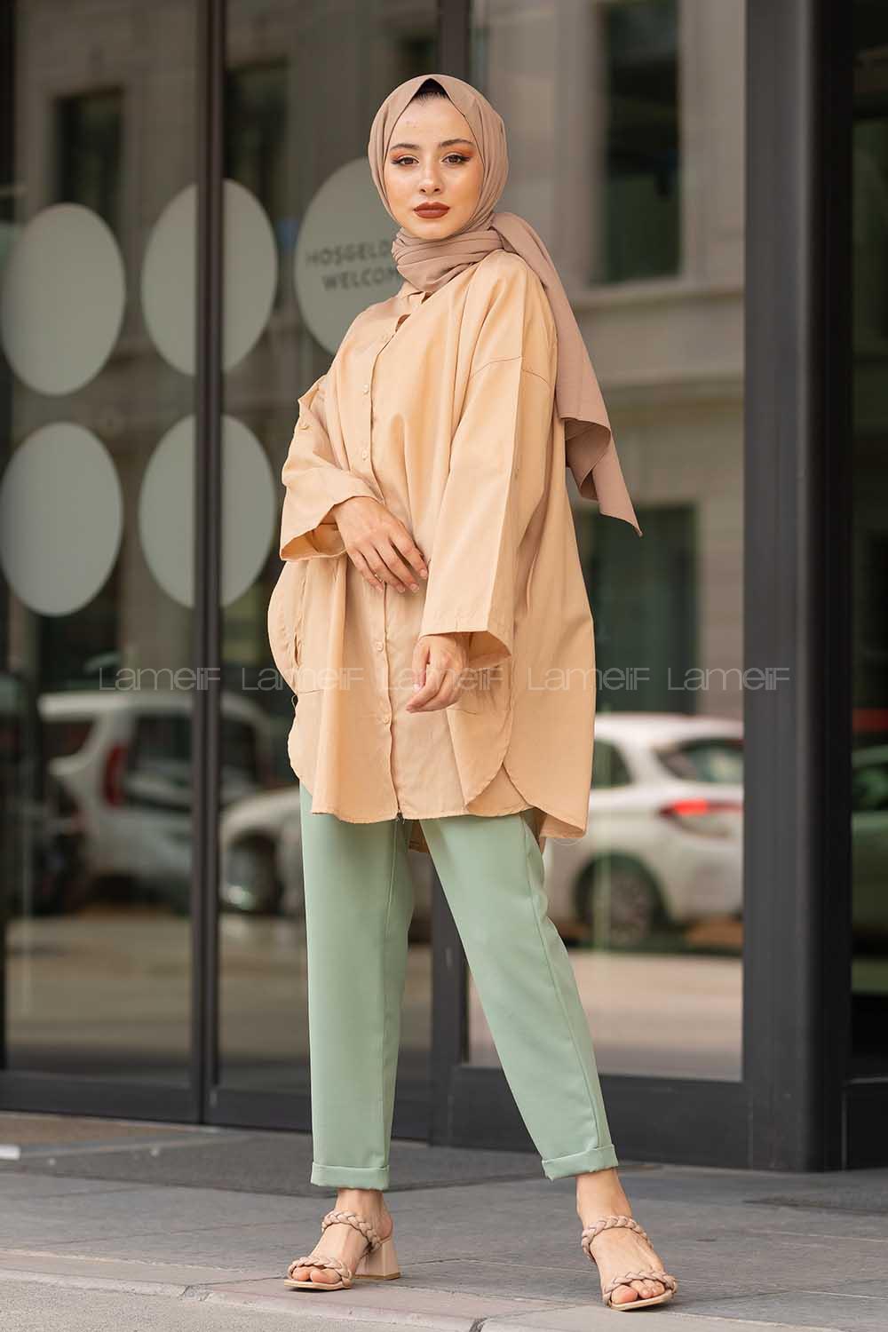 Modalamelif Önü Düğmeli Yan Cepli Gömlek Sütlü Kahve