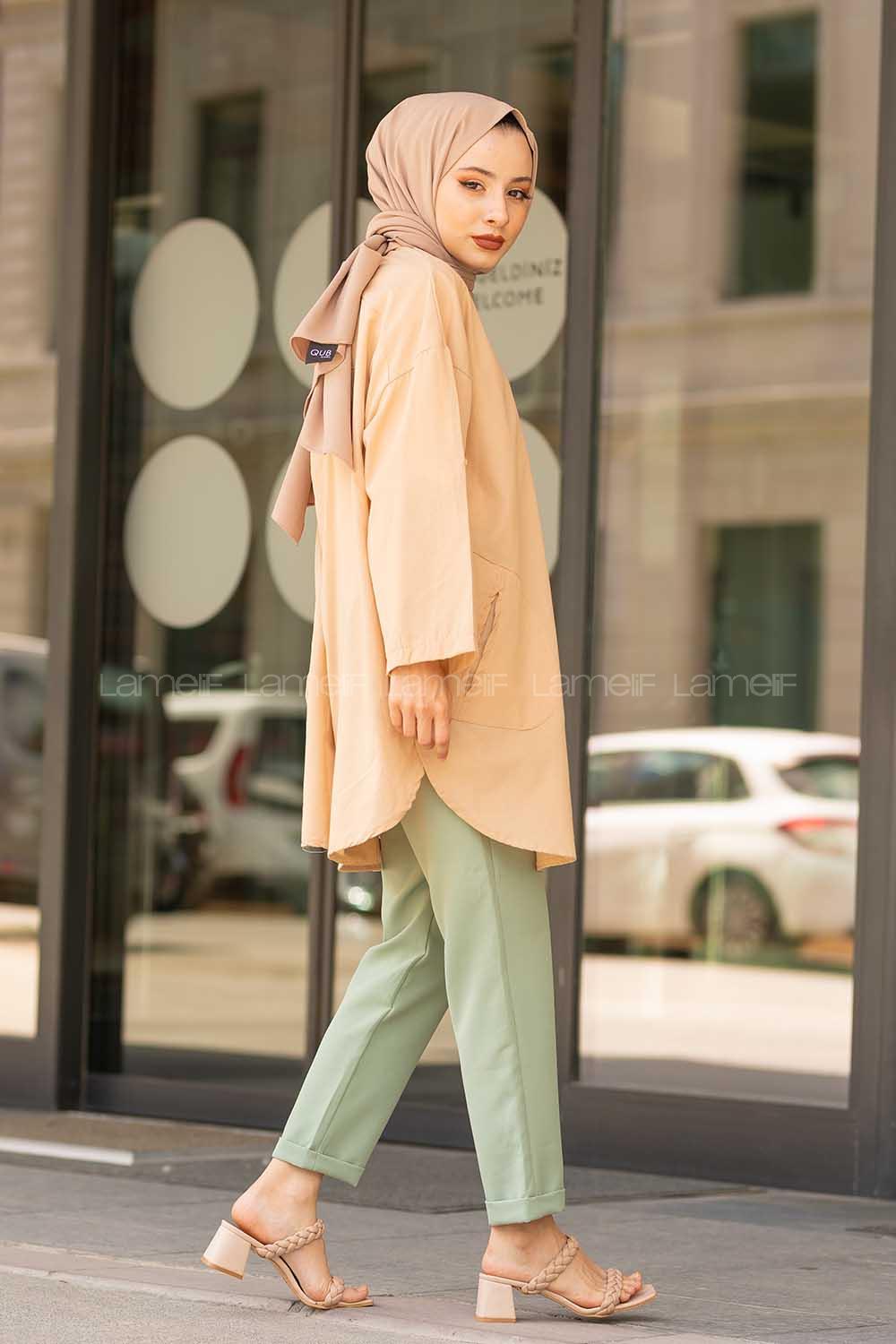 Modalamelif Önü Düğmeli Yan Cepli Gömlek Sütlü Kahve