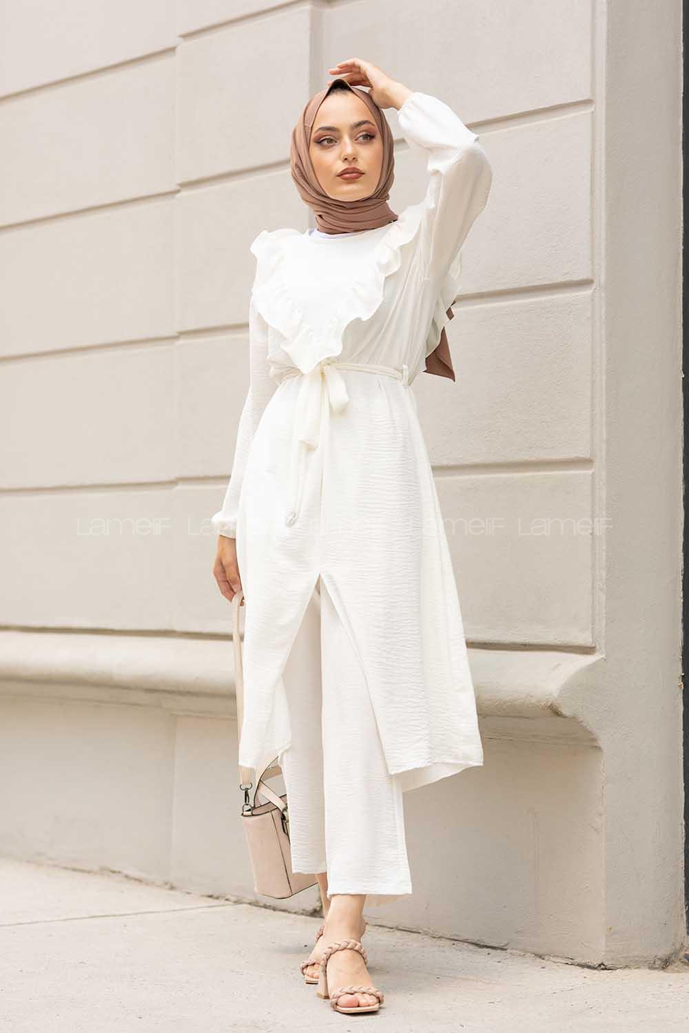 Modalamelif Önü Fırfırlı İkili Takım Beyaz