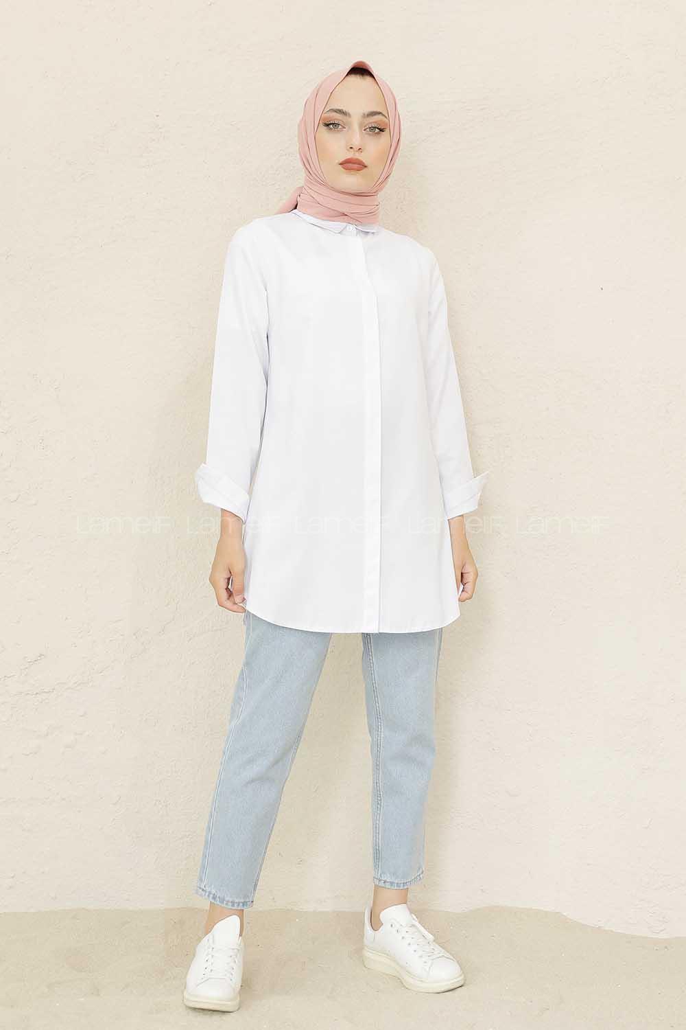 Modalamelif Önü Gizli Düğmeli Boyfriend Gömlek Beyaz