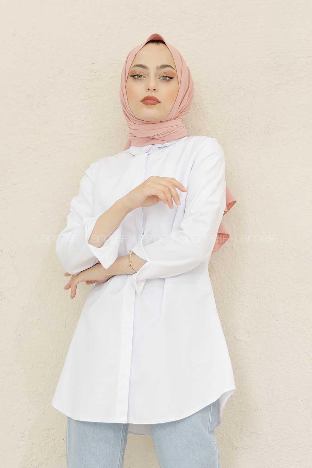 Modalamelif Önü Gizli Düğmeli Boyfriend Gömlek Beyaz