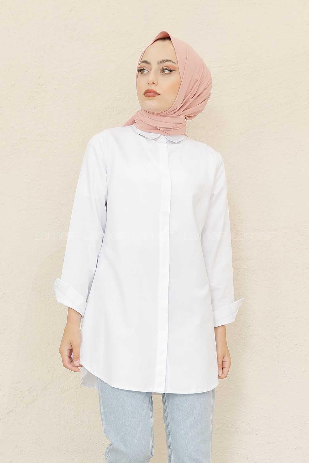 Modalamelif Önü Gizli Düğmeli Boyfriend Gömlek Beyaz