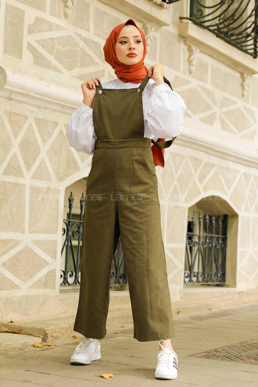 Modalamelif Bahçıvan Bol Paça Yan Cepli Tulum Haki