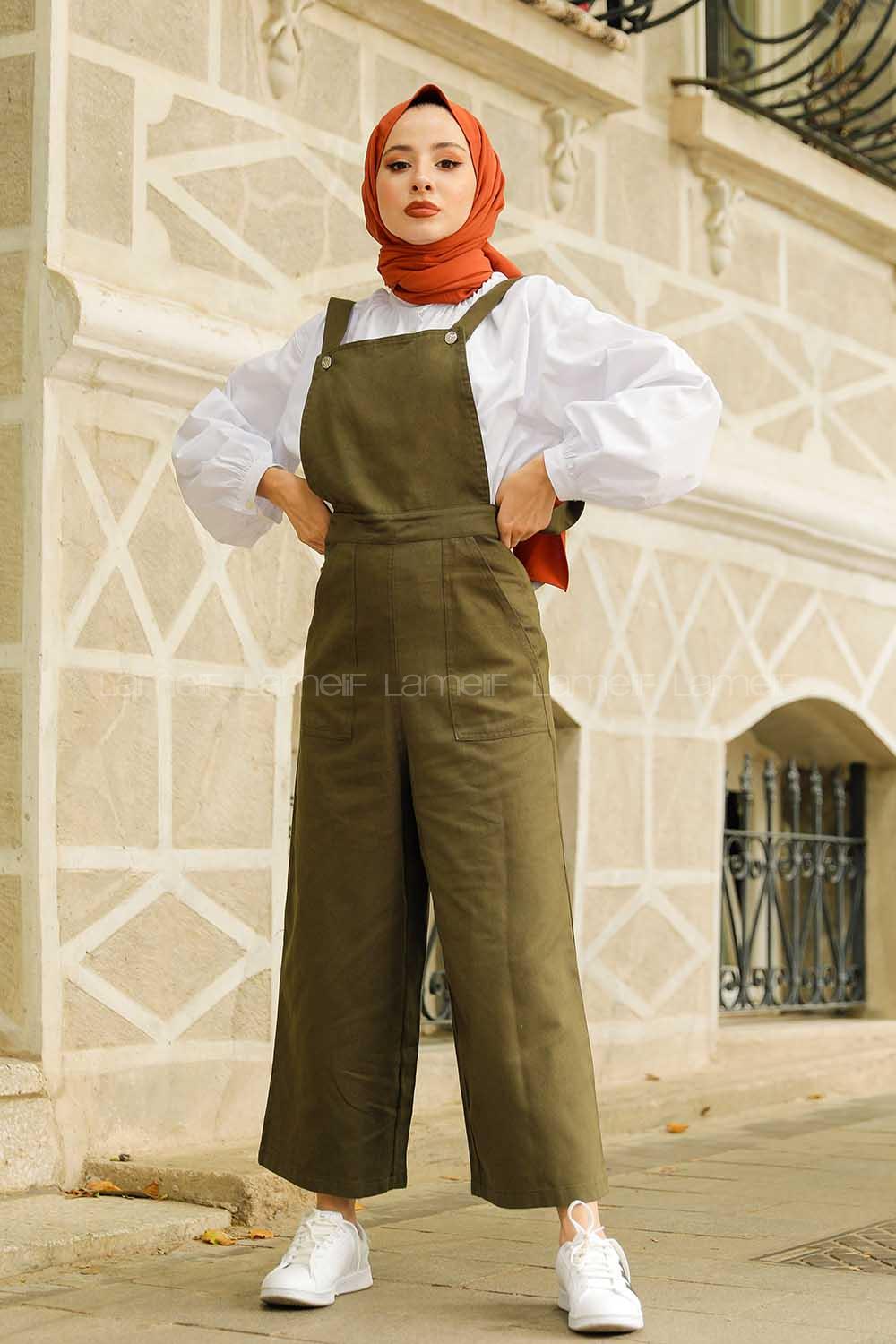 Modalamelif Bahçıvan Bol Paça Yan Cepli Tulum Haki