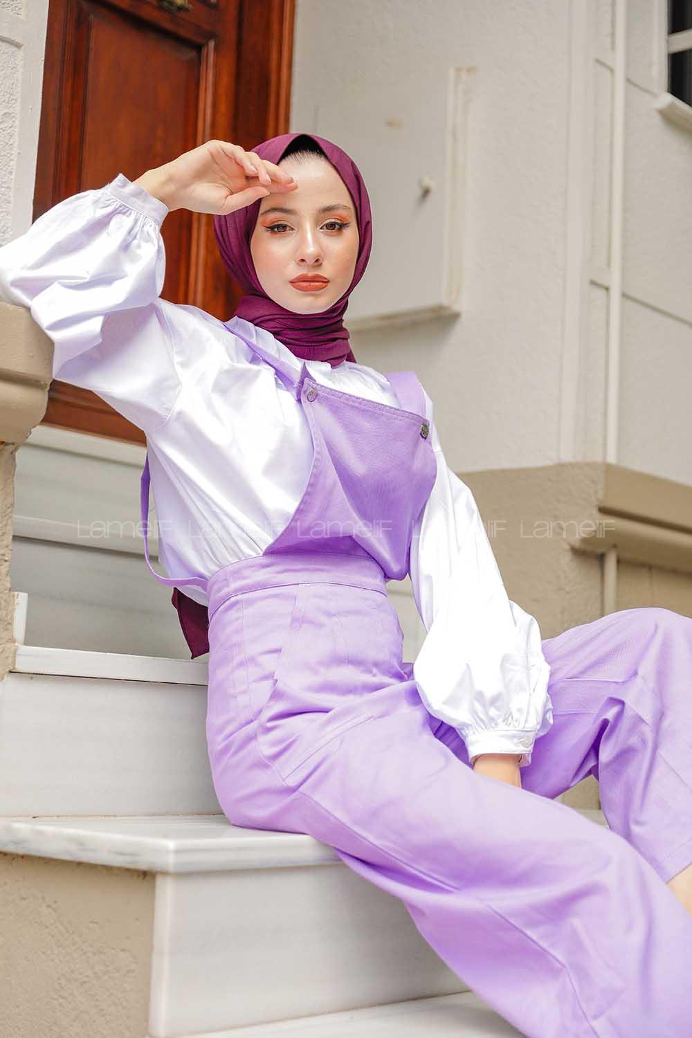 Modalamelif Bahçıvan Bol Paça Yan Cepli Tulum Lila