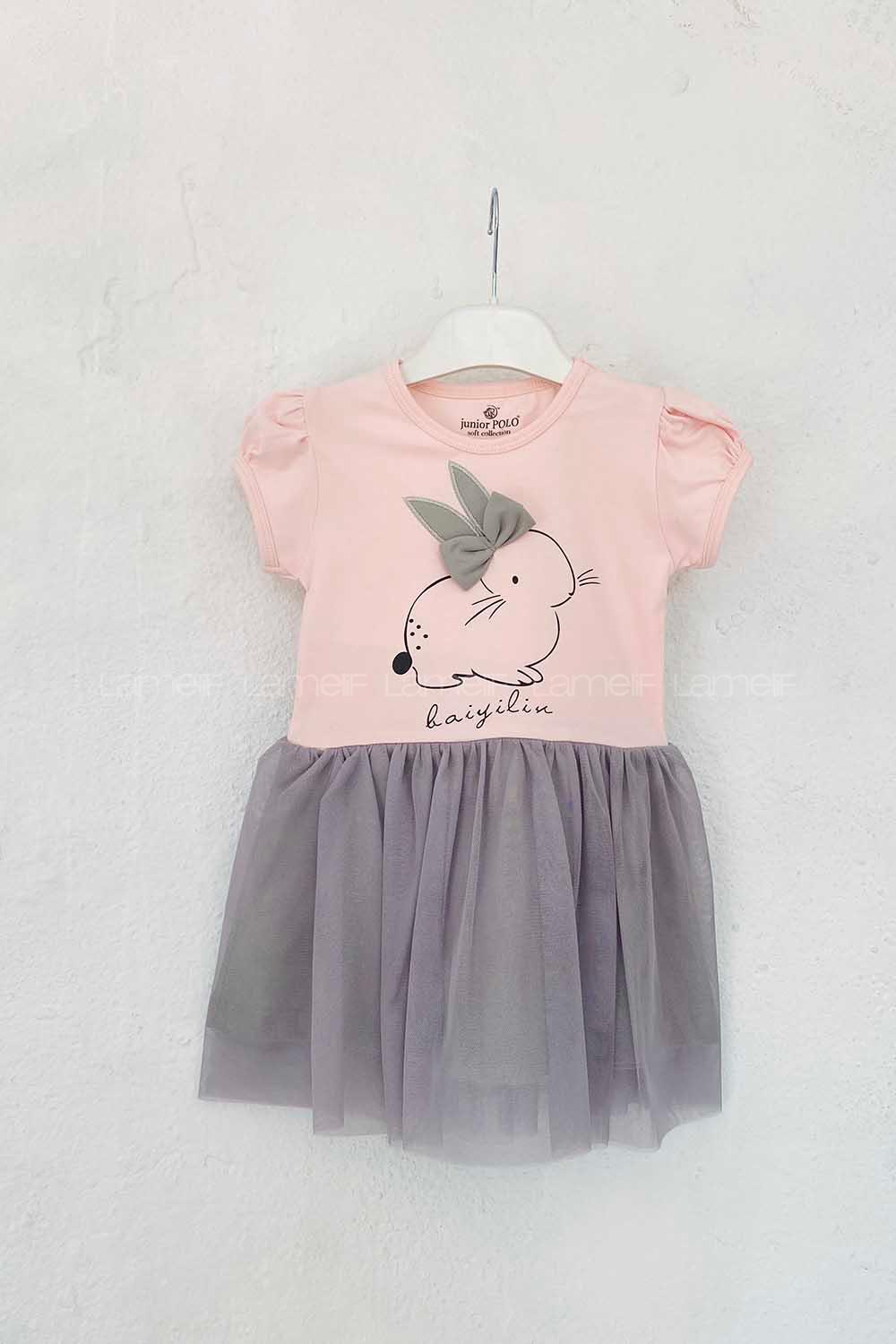 Modalamelif Kız Bebek Tavşan Nakışlı Tül Elbise Pudra-Gri