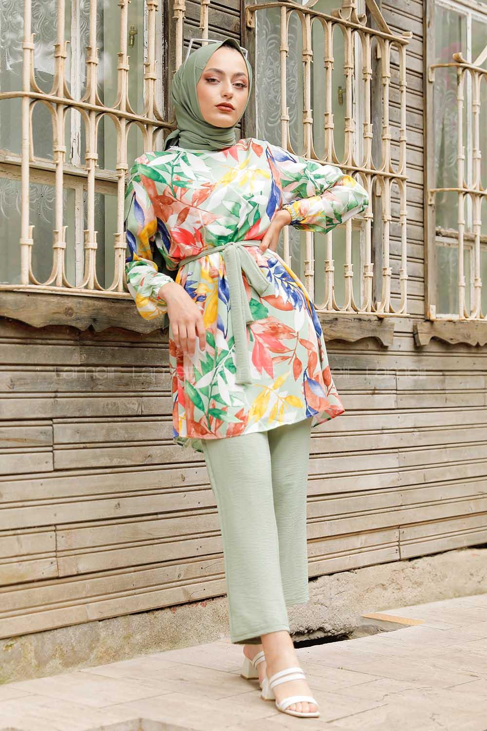 Modalamelif Yaprak Desenli İkili Takım Çağla Yeşili