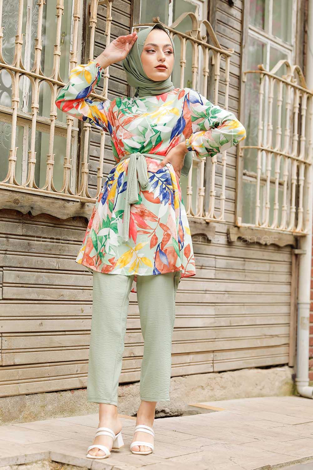 Modalamelif Yaprak Desenli İkili Takım Çağla Yeşili