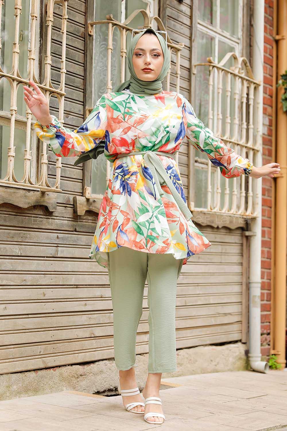 Modalamelif Yaprak Desenli İkili Takım Çağla Yeşili