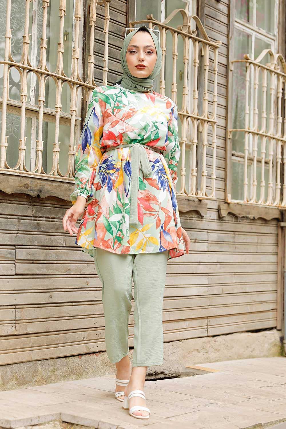 Modalamelif Yaprak Desenli İkili Takım Çağla Yeşili