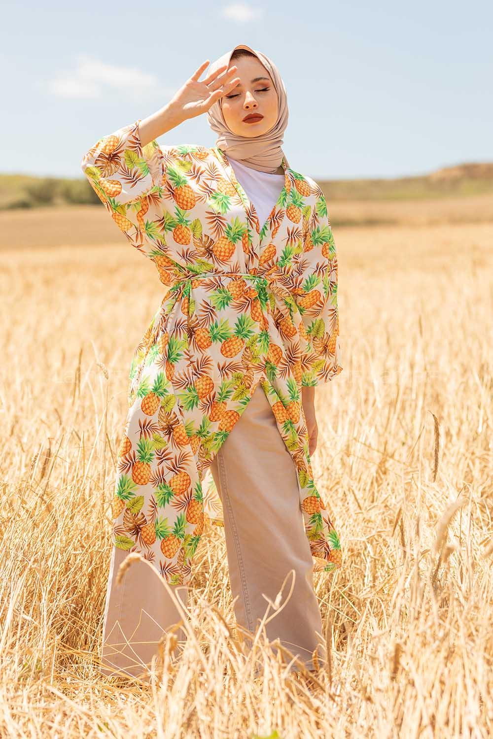Modalamelif Ananas Baskılı Kuşaklı Kimono Yeşil