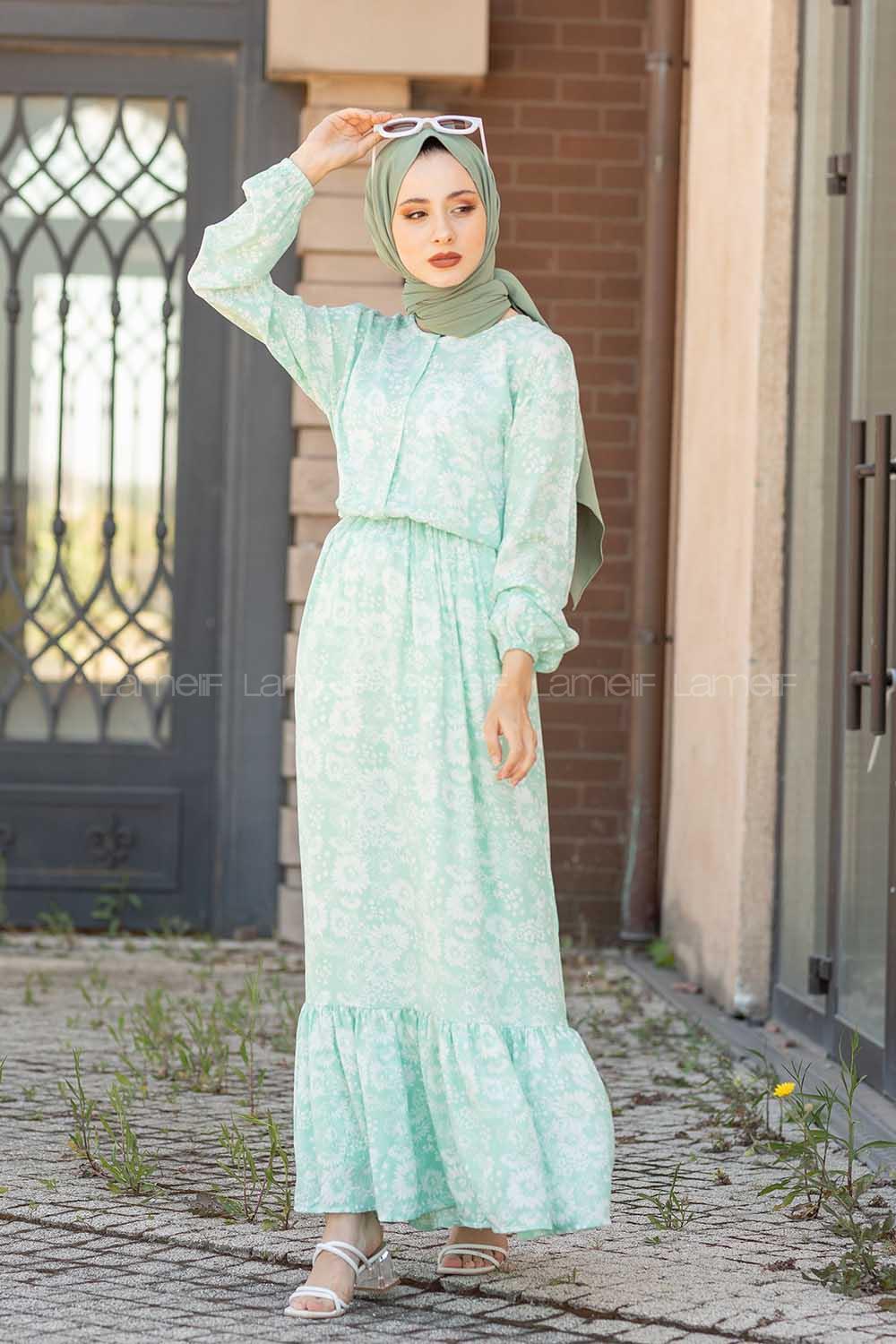 Modalamelif Bel Büzgülü Papatya Desen Elbise Çağla