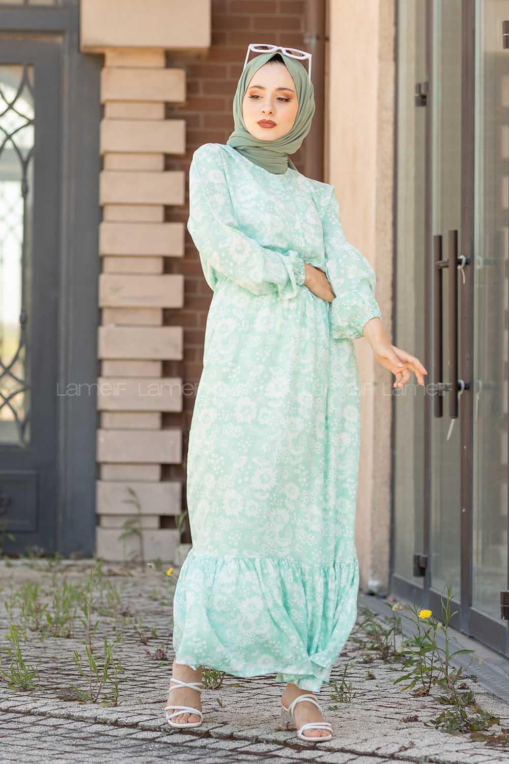 Modalamelif Bel Büzgülü Papatya Desen Elbise Çağla