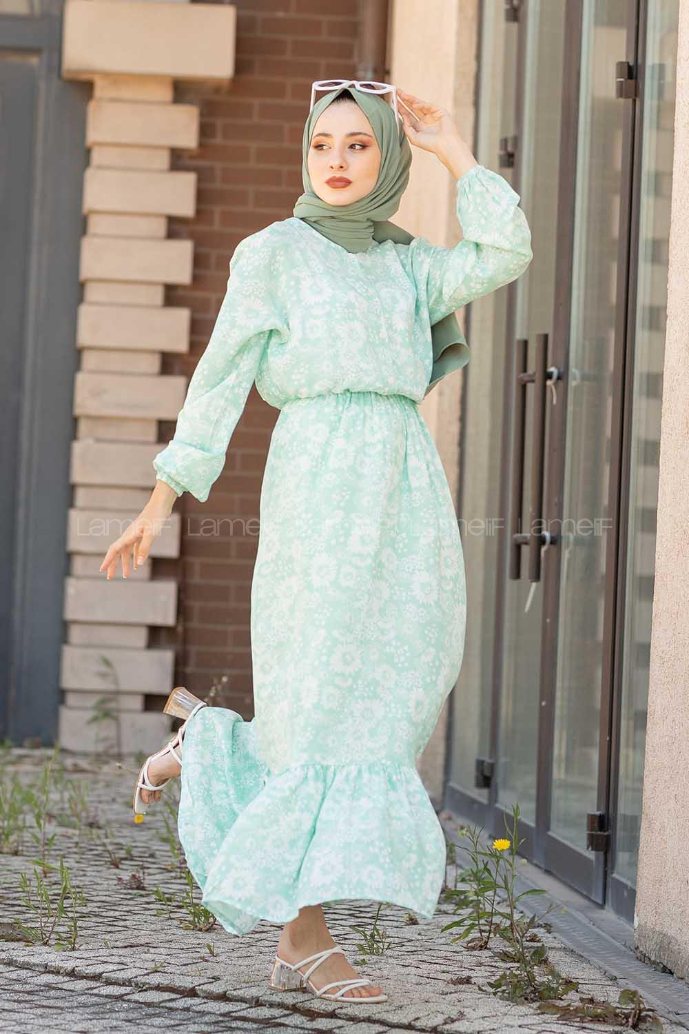 Modalamelif Bel Büzgülü Papatya Desen Elbise Çağla