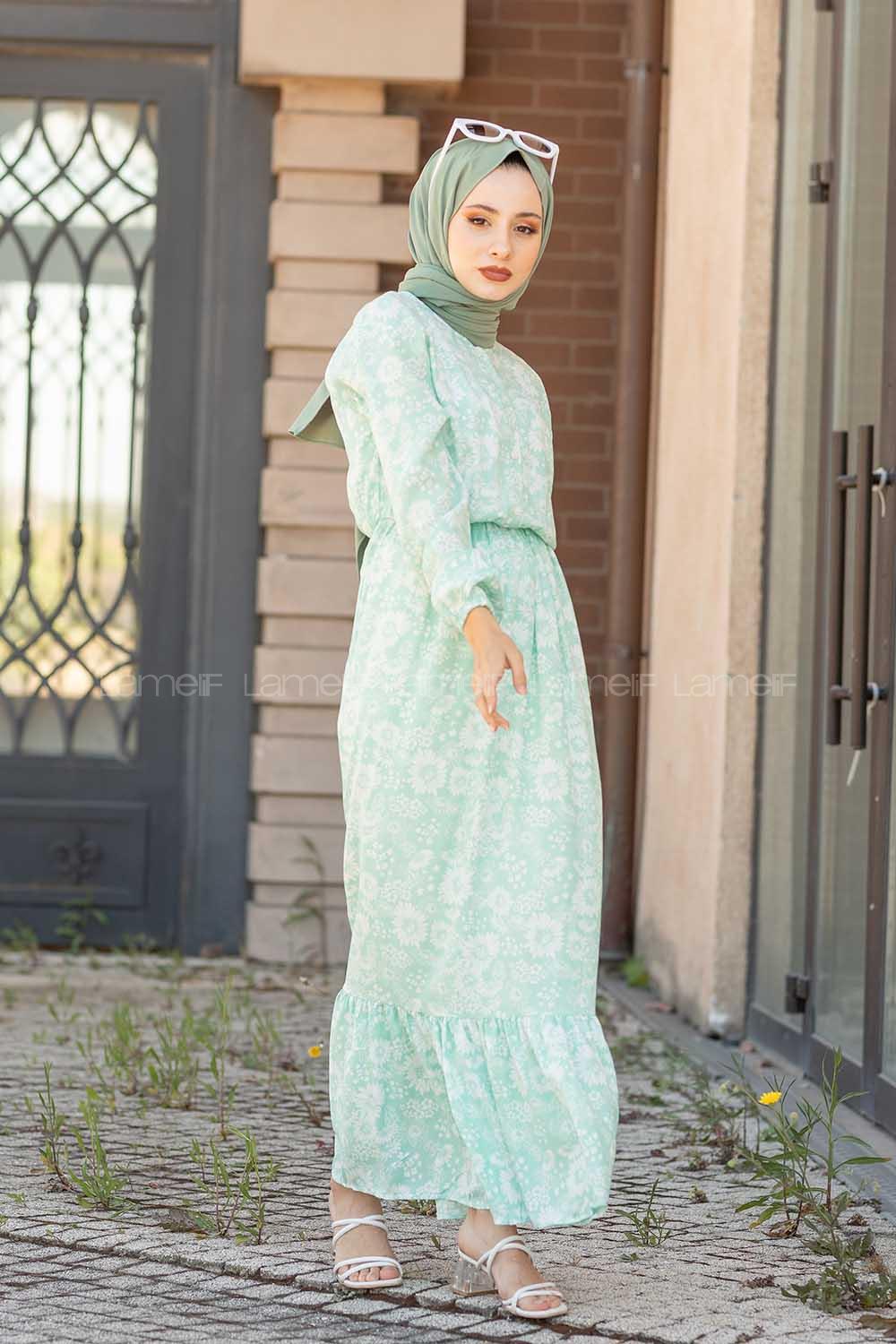 Modalamelif Bel Büzgülü Papatya Desen Elbise Çağla