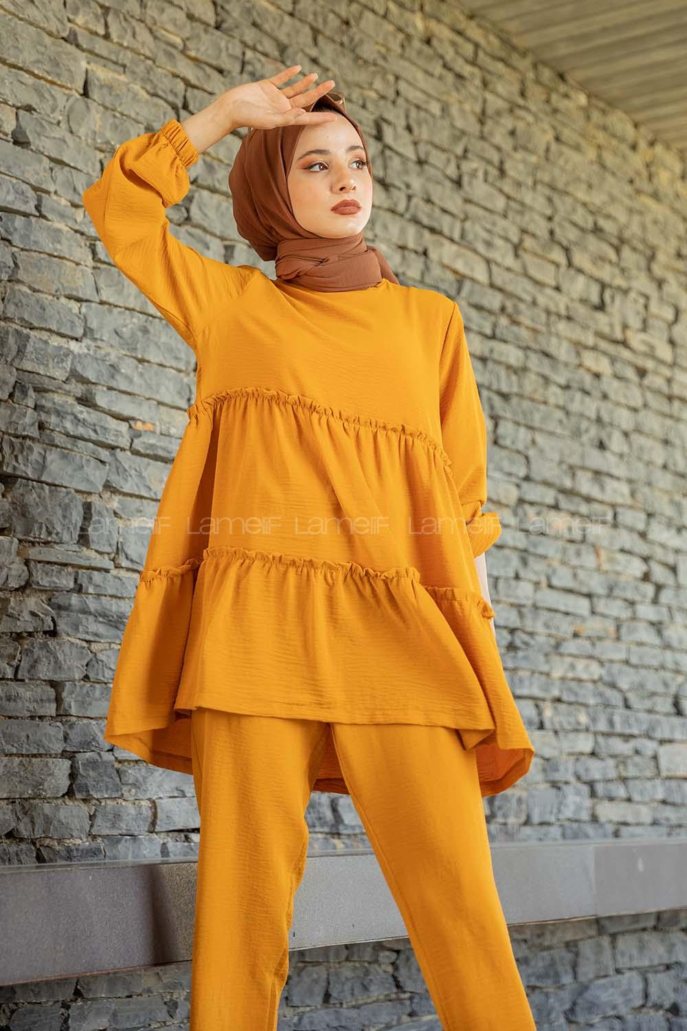 Modalamelif  Önü Katlı İkili Takım Hardal Sarısı