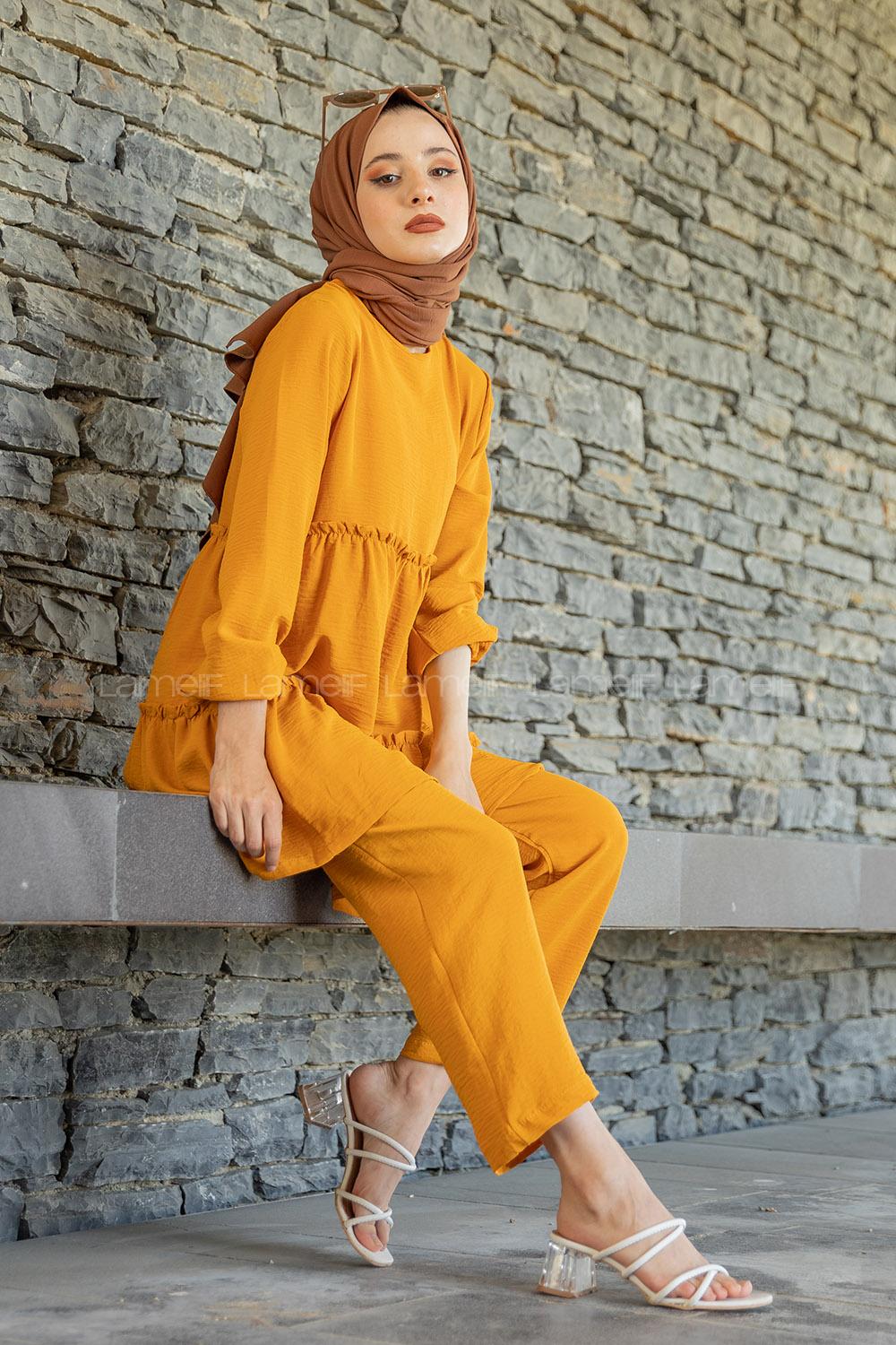 Modalamelif  Önü Katlı İkili Takım Hardal Sarısı