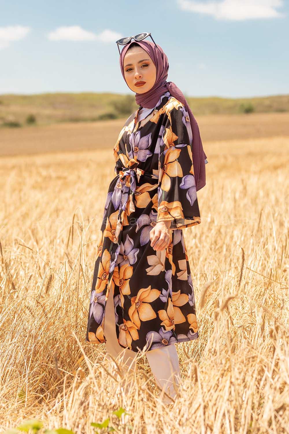 Modalamelif Orkide Desen Kuşaklı Kimono Siyah