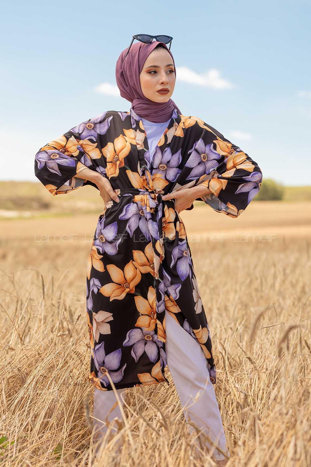 Modalamelif Orkide Desen Kuşaklı Kimono Siyah