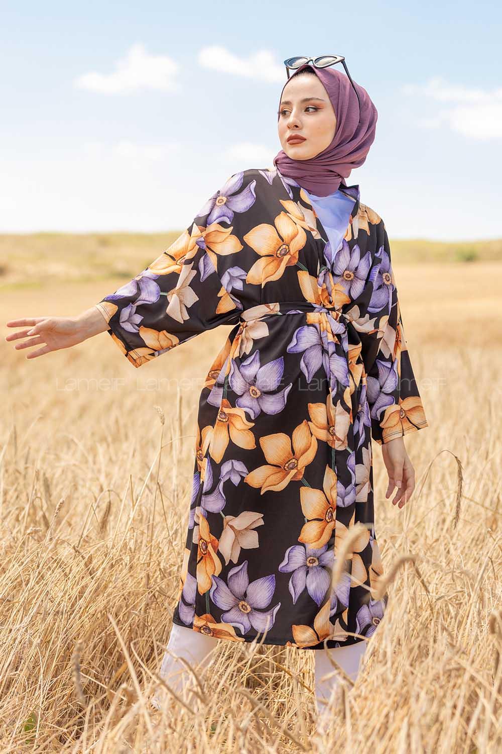 Modalamelif Orkide Desen Kuşaklı Kimono Siyah