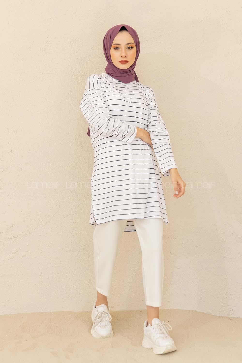 Modalamelif Çizgili Tunik Beyaz