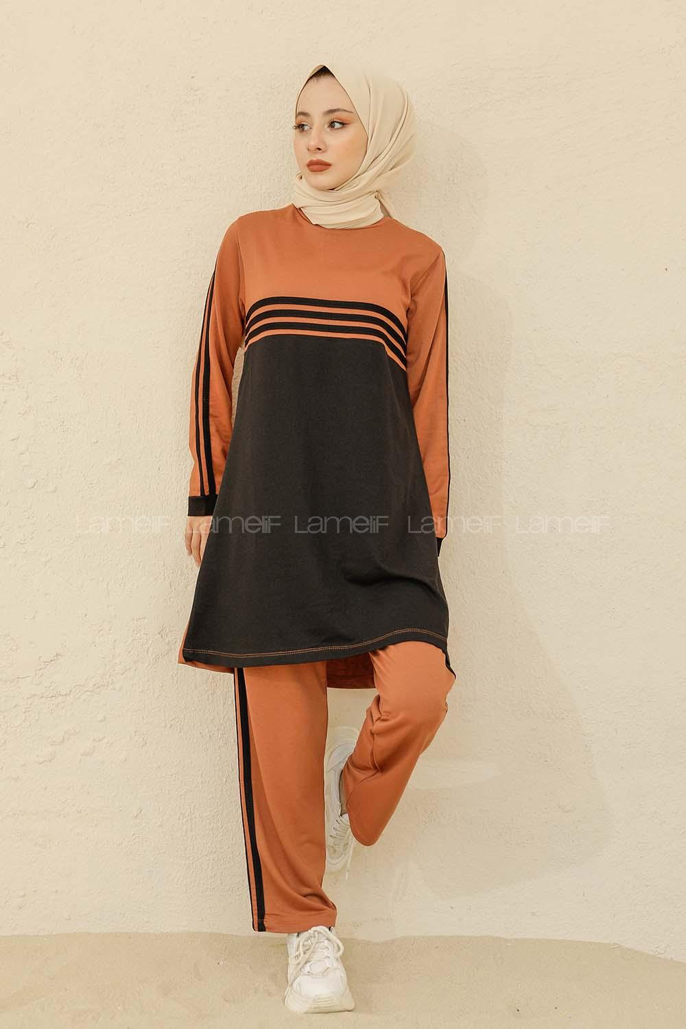 Modalamelif Şerit Çizgili İkili Takım Acı Kahve