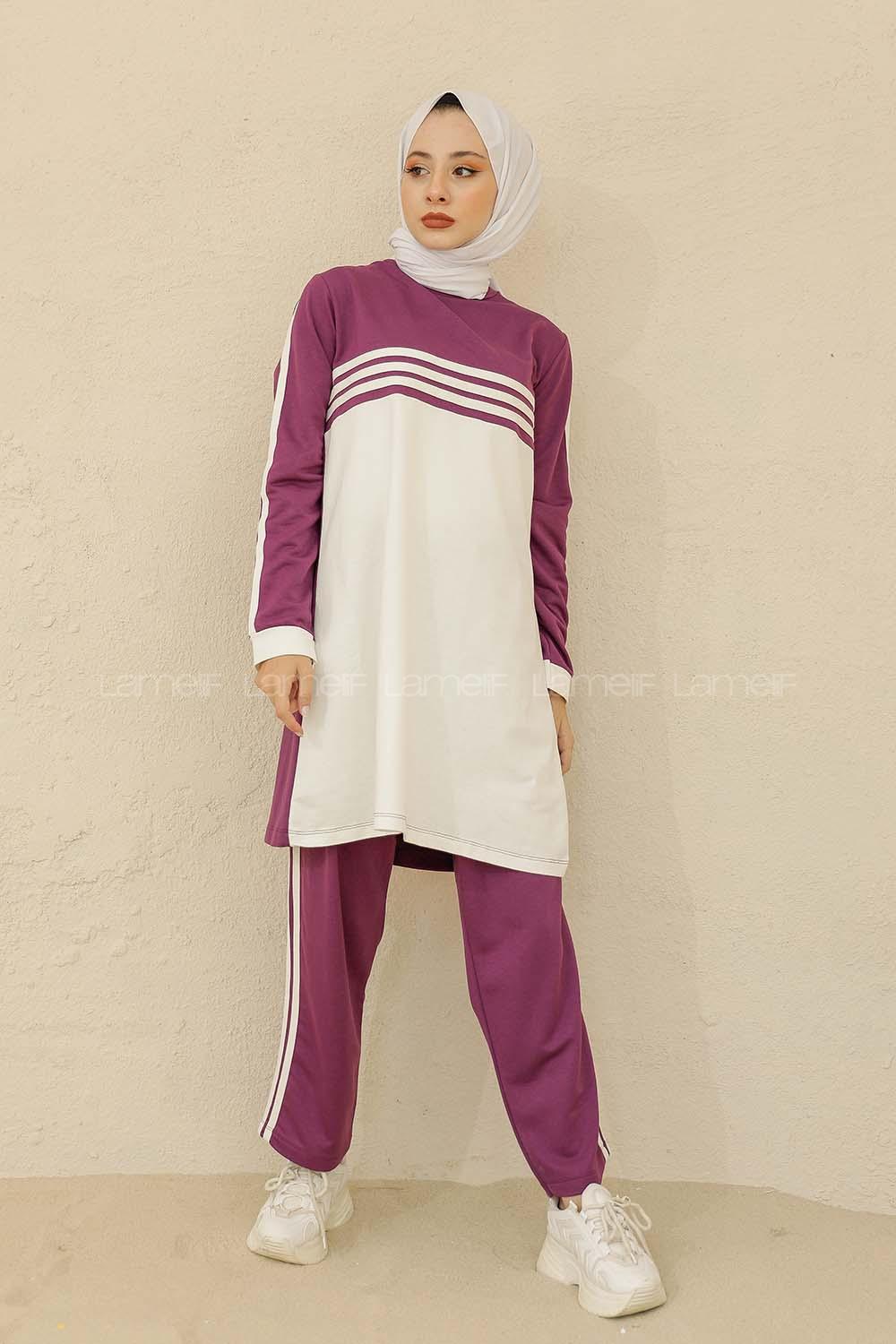 Modalamelif Şerit Çizgili İkili Takım Mor