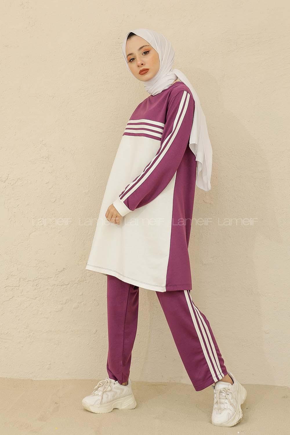 Modalamelif Şerit Çizgili İkili Takım Mor