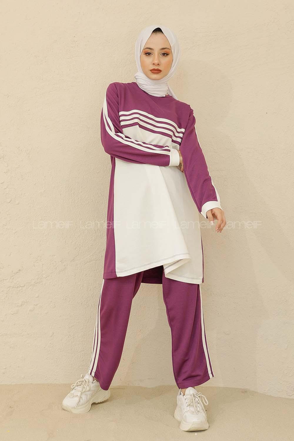 Modalamelif Şerit Çizgili İkili Takım Mor