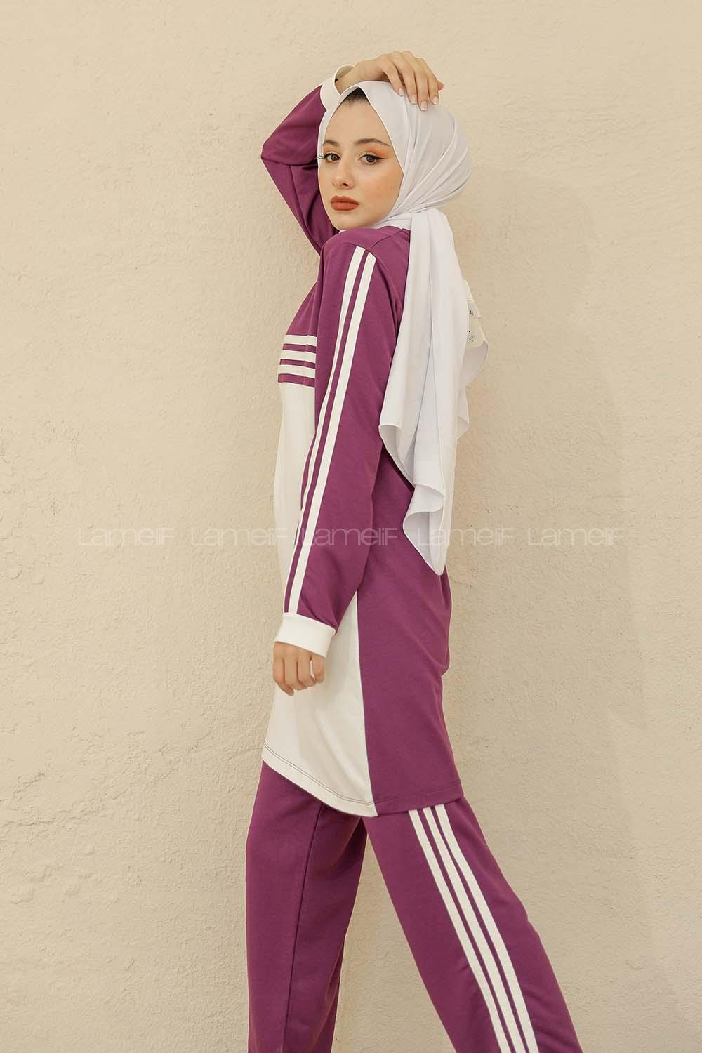 Modalamelif Şerit Çizgili İkili Takım Mor