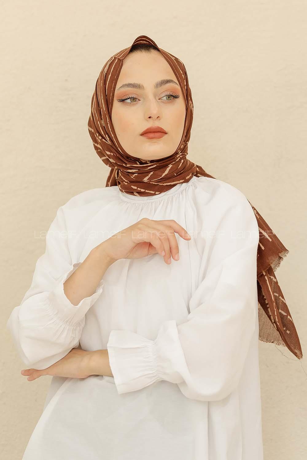 Modalamelif Acı Kahve Rengi Çizgi Desen Pamuk Vual Şal