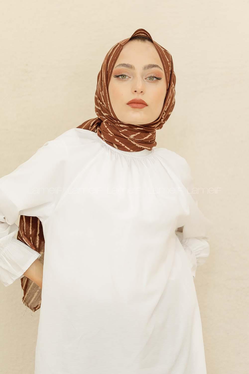 Modalamelif Acı Kahve Rengi Çizgi Desen Pamuk Vual Şal