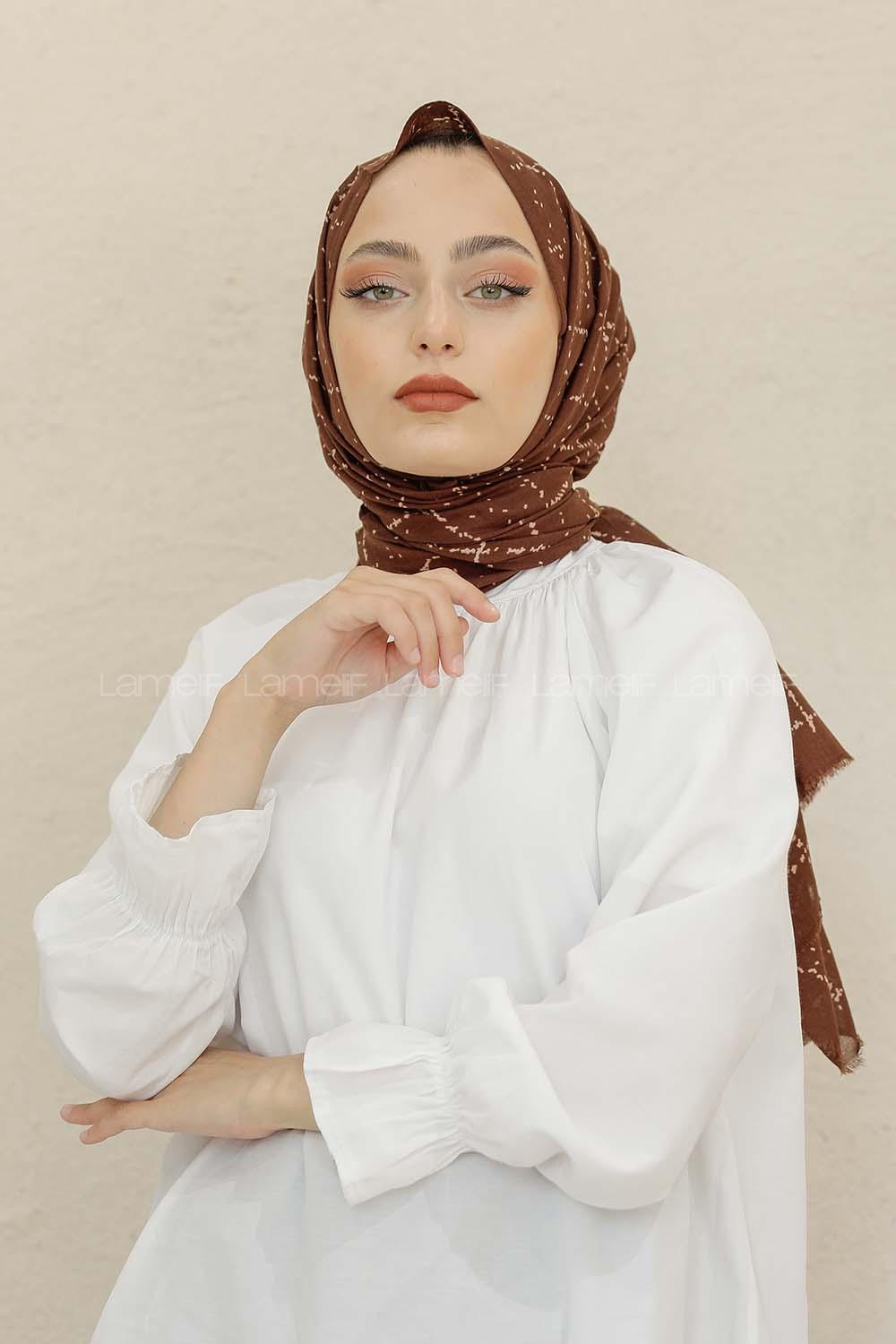 Modalamelif Acı Kahve Rengi Ekose Desen Pamuk Vual Şal