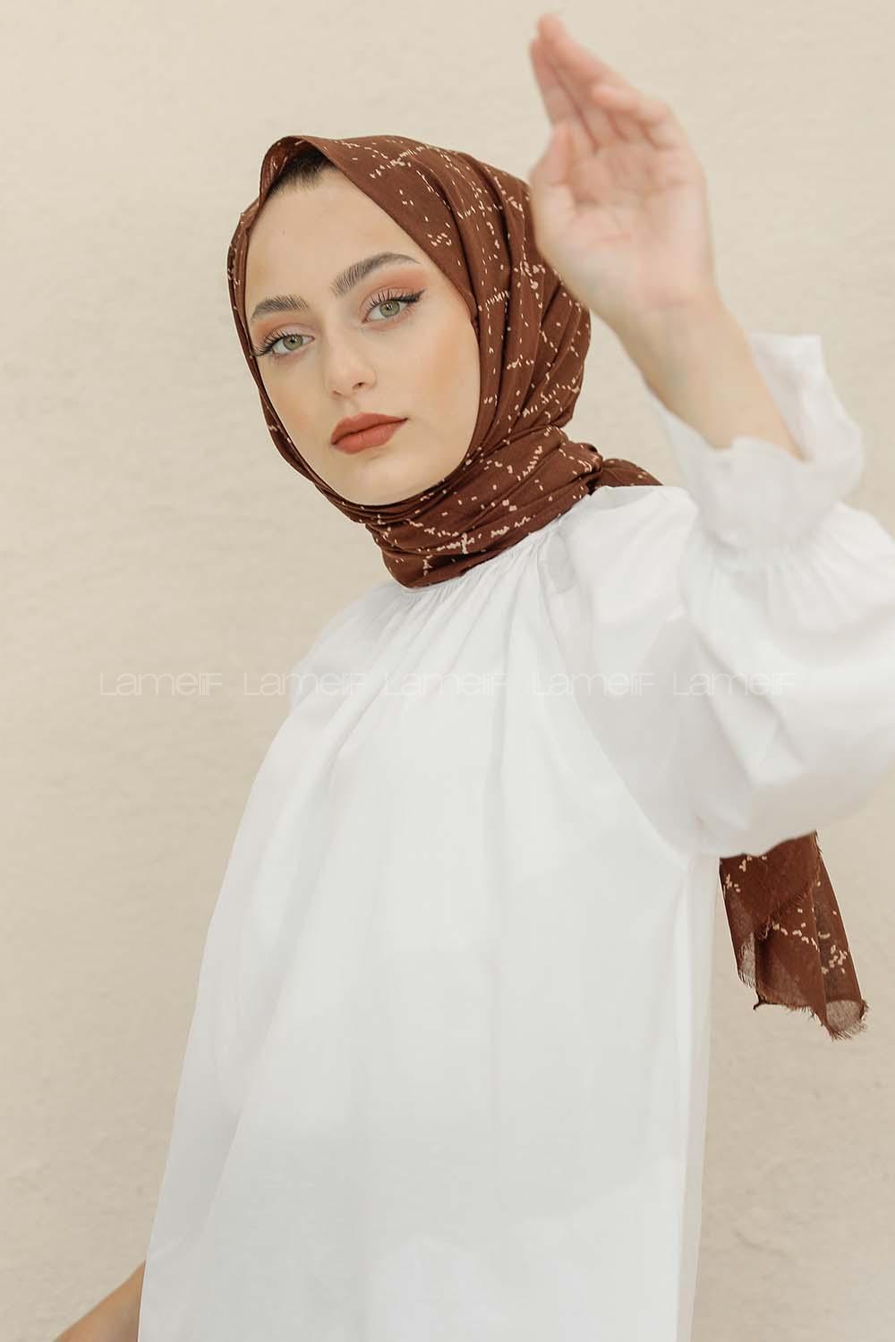 Modalamelif Acı Kahve Rengi Ekose Desen Pamuk Vual Şal