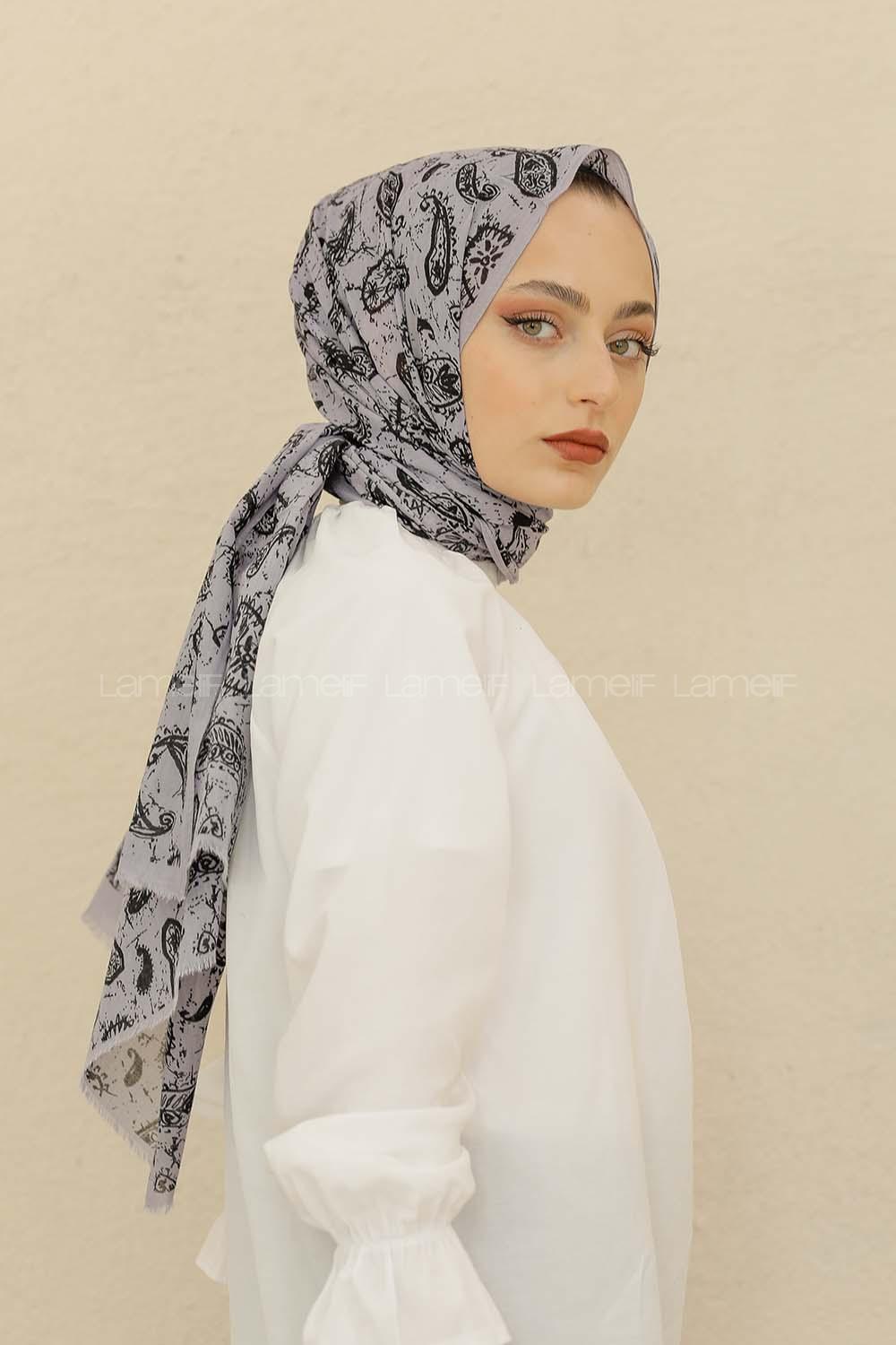 Modalamelif Gri Renk Motif Baskılı Pamuk Vual Şal