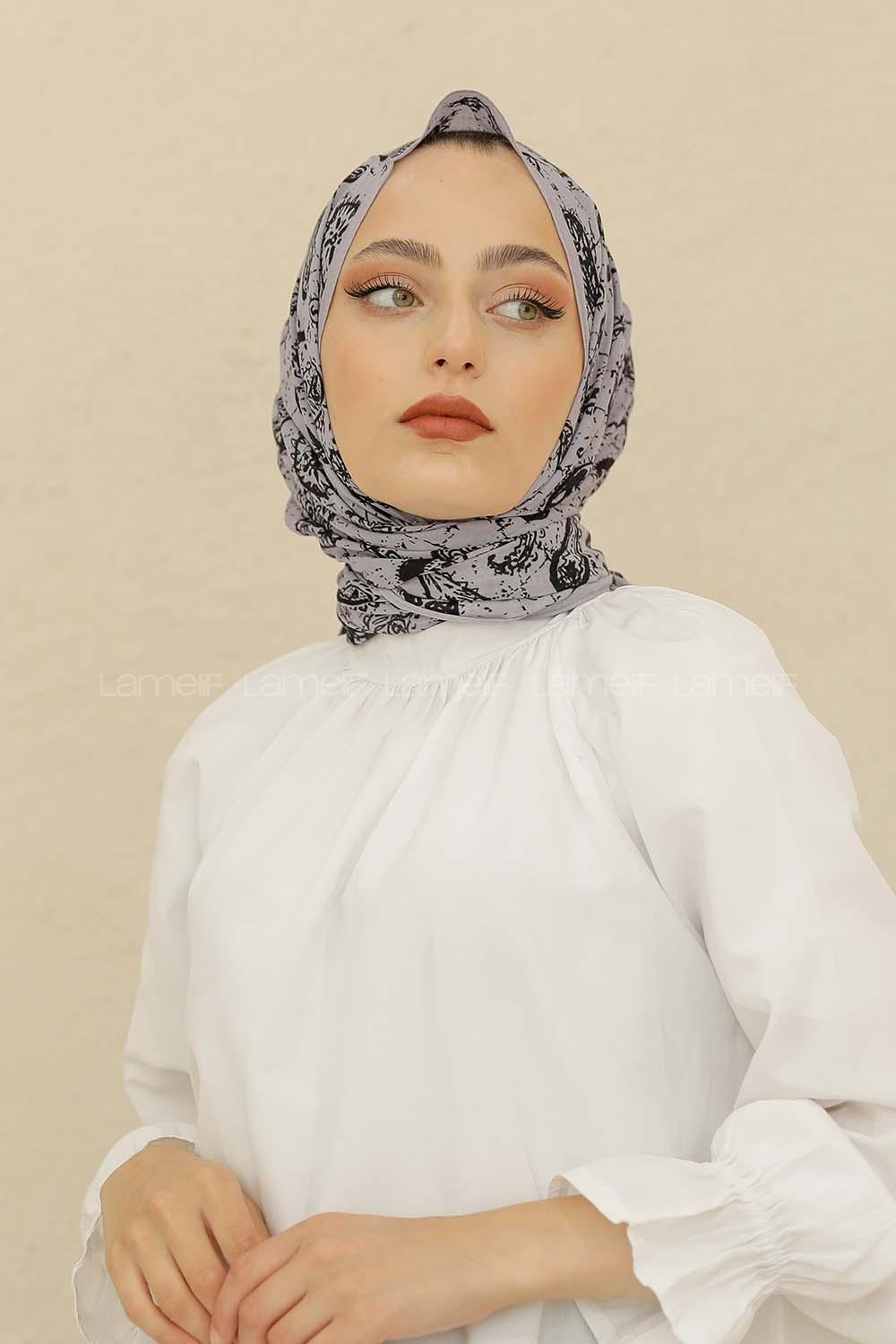 Modalamelif Gri Renk Motif Baskılı Pamuk Vual Şal