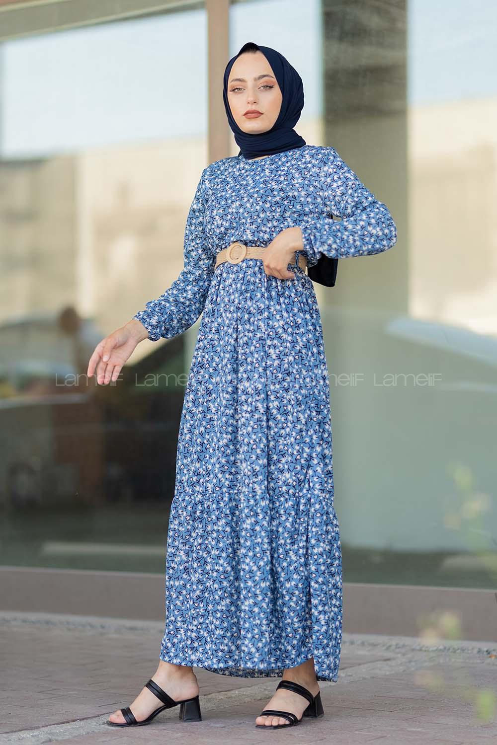 Modalamelif Hasır Kemerli Gelincik Elbise İndigo