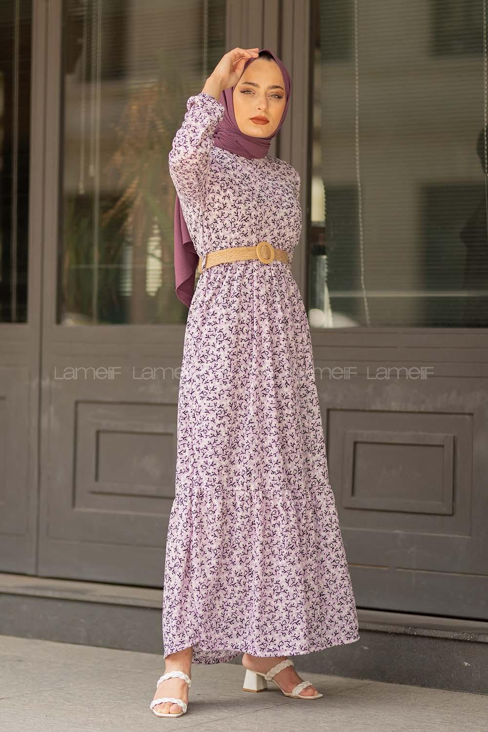 Modalamelif Hasır Kemerli Gelincik Elbise Lila