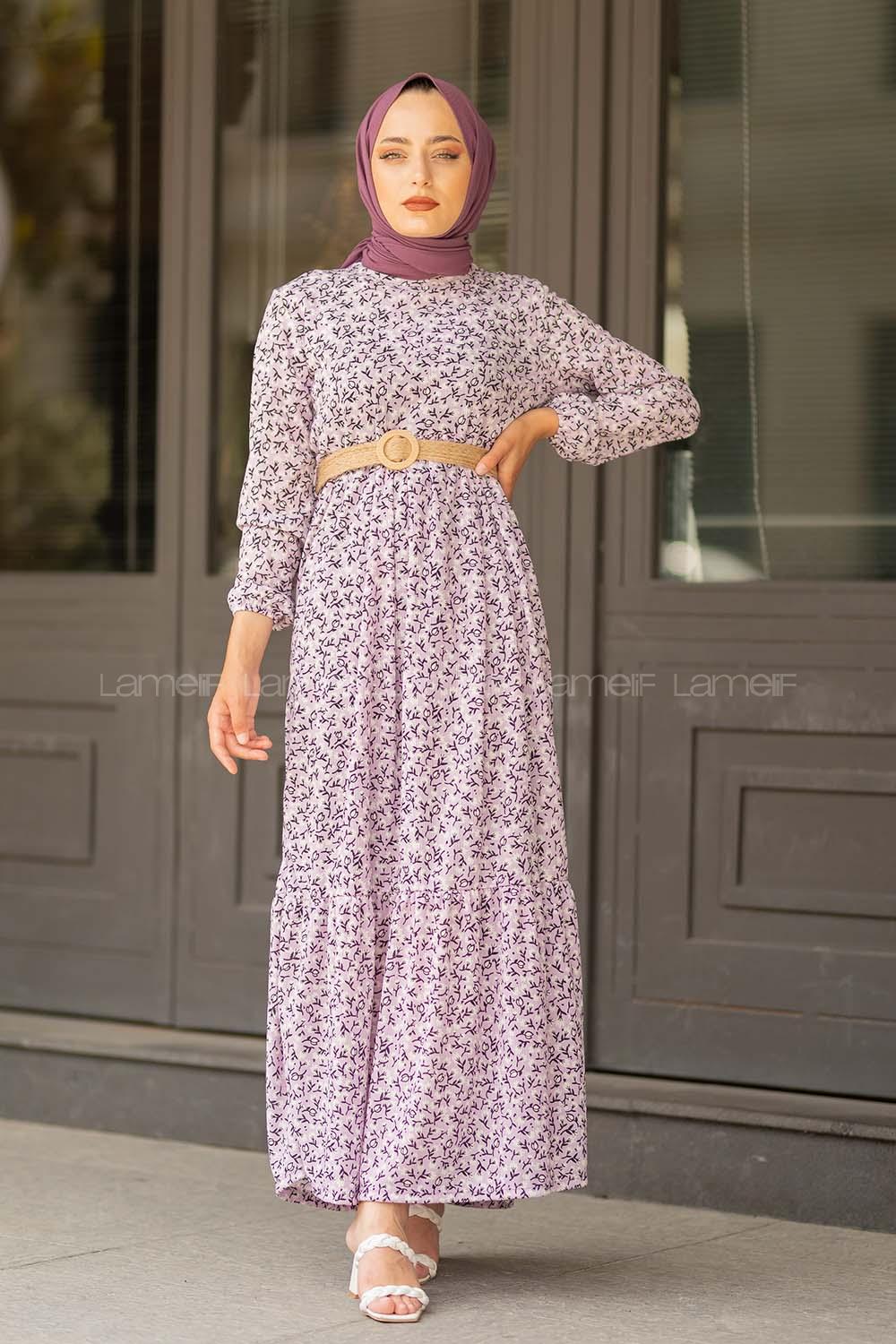 Modalamelif Hasır Kemerli Gelincik Elbise Lila