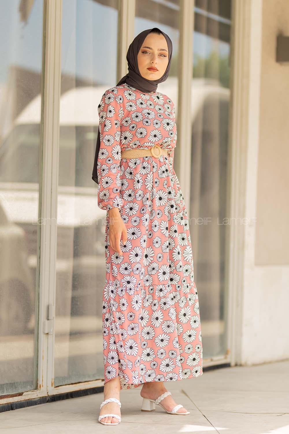 Modalamelif Hasır Kemerli Papatya Elbise Pudra