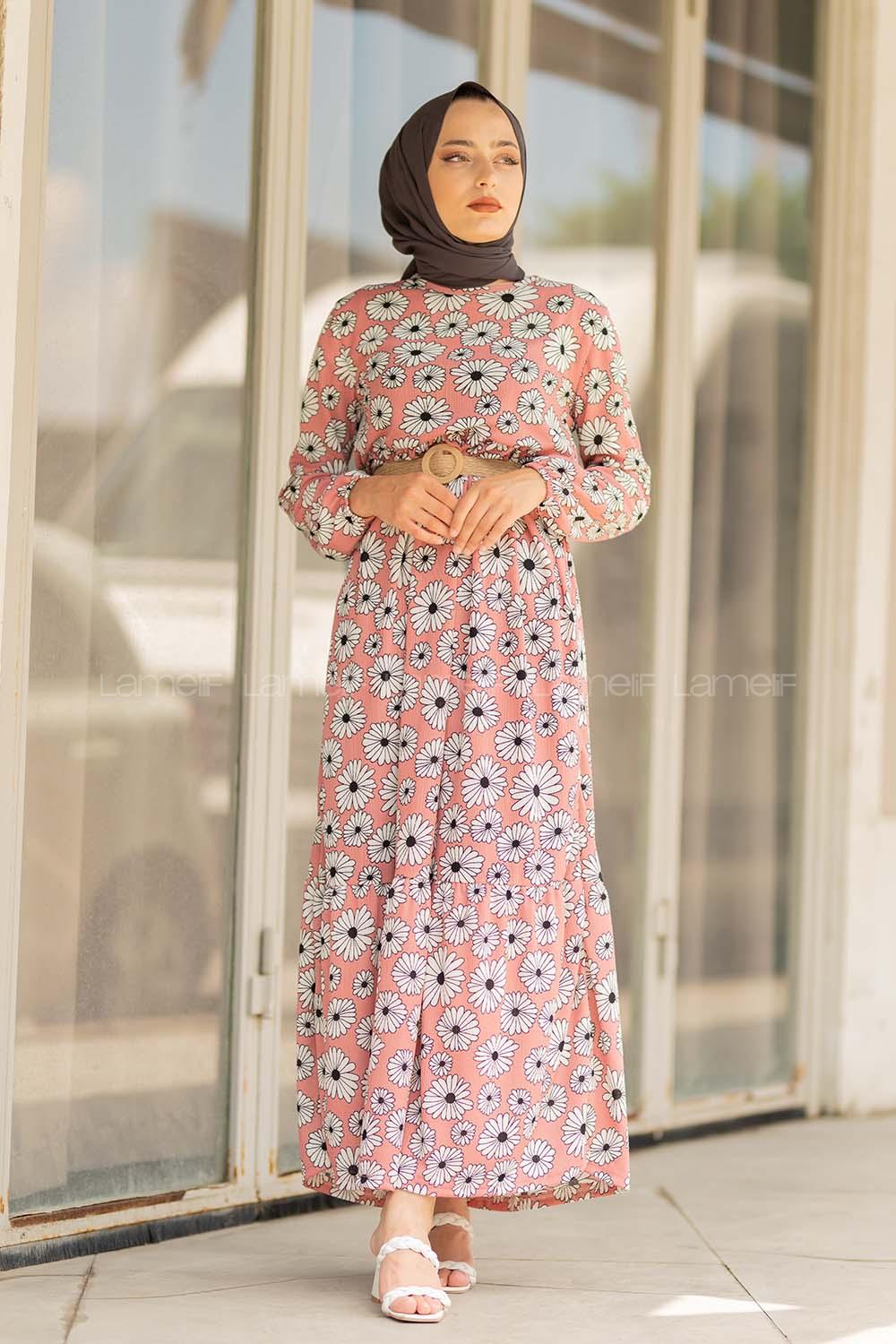 Modalamelif Hasır Kemerli Papatya Elbise Pudra